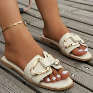 Women Metal Decor Single Band Flat Sandals Fashion Sexy